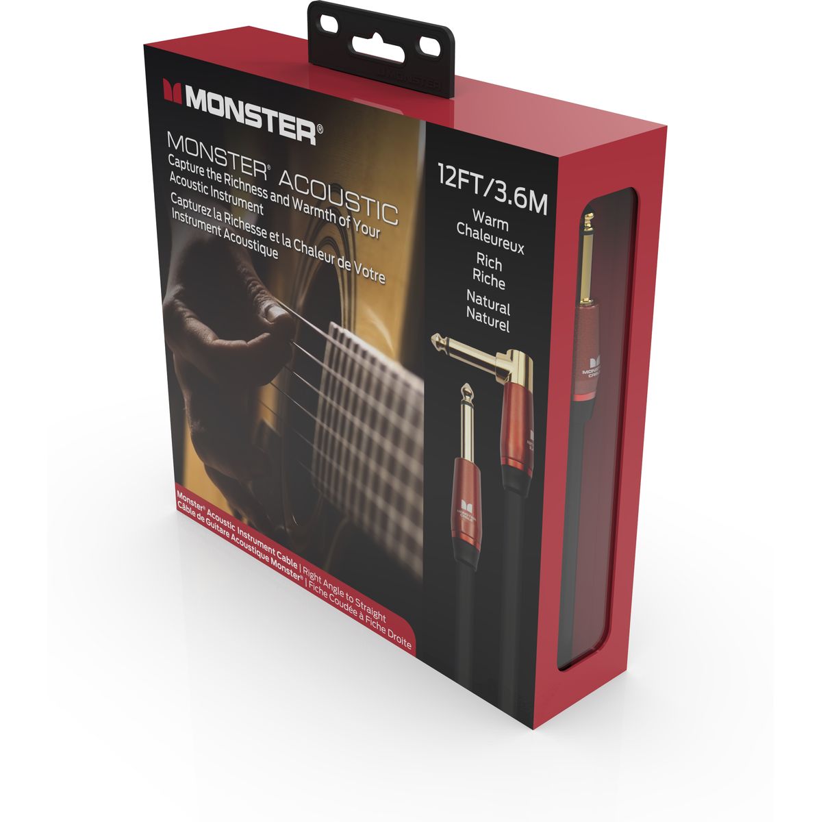 Monster Acoustic 12FT Instrument kabel haakse plug 3,6 meter voor akoestisch gitaar