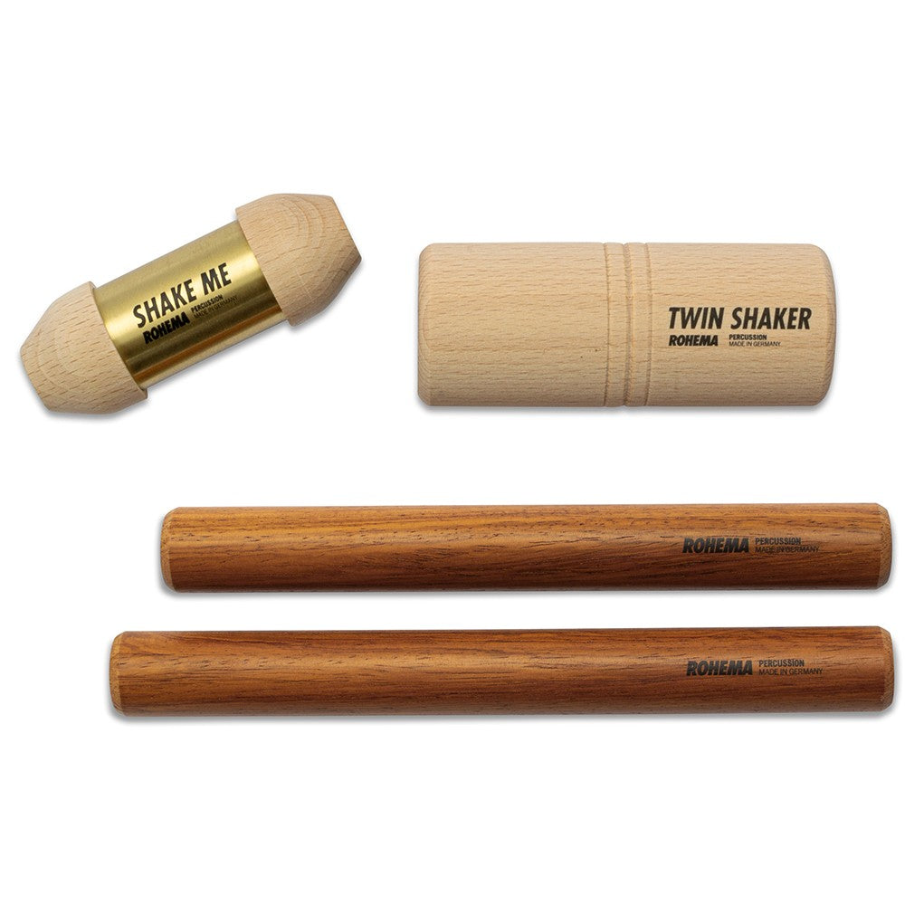 Kleine percussie set Shake Me Ø27mm, Rosewood Claves en Twin Shaker