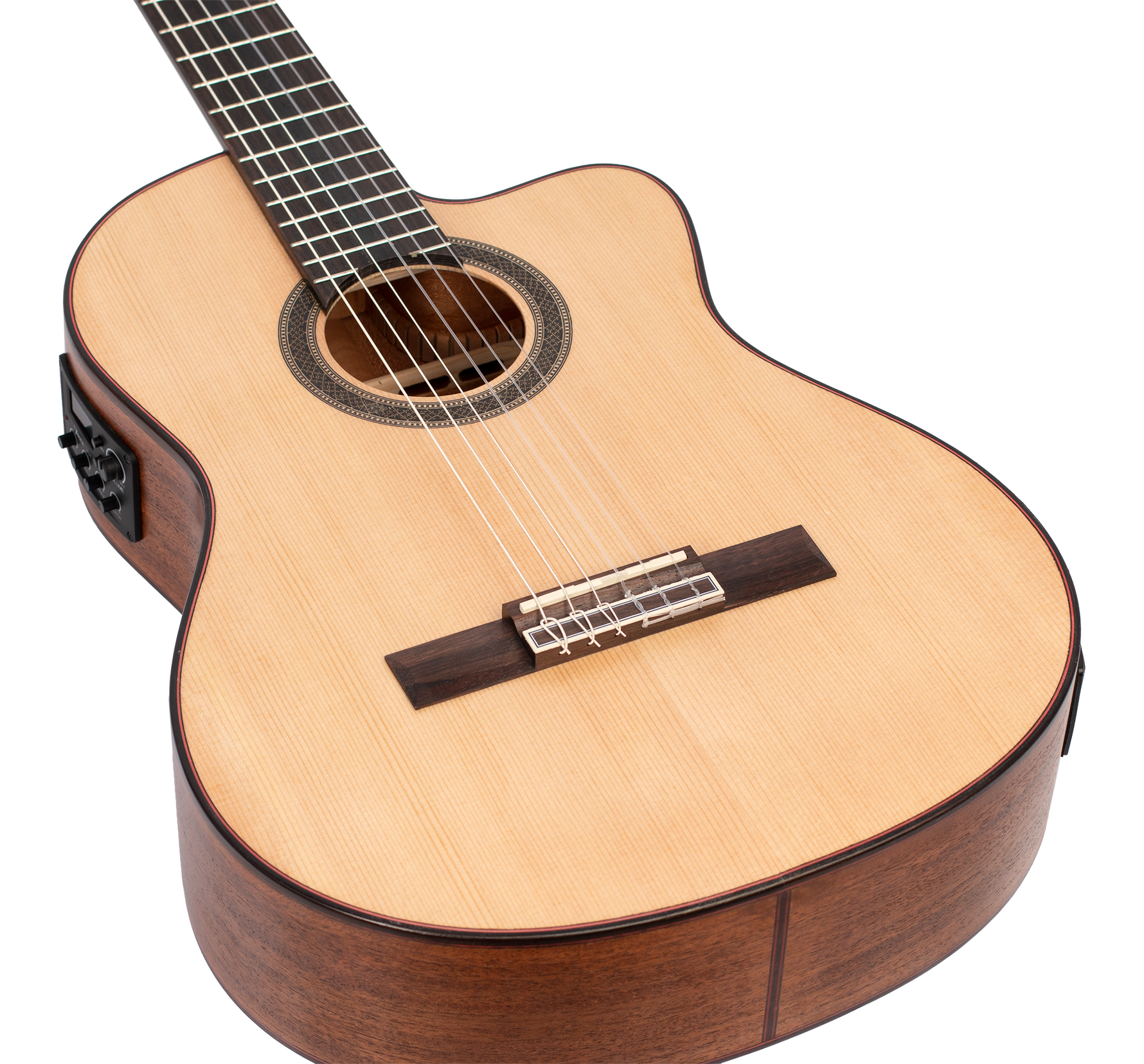 Valencia VC704CE akoestisch/elektrisch klassiek gitaar schuin aanzicht