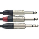 Audio kabel 6,3mm jack stereo naar 2x 6,3mm jack mono male 1 meter